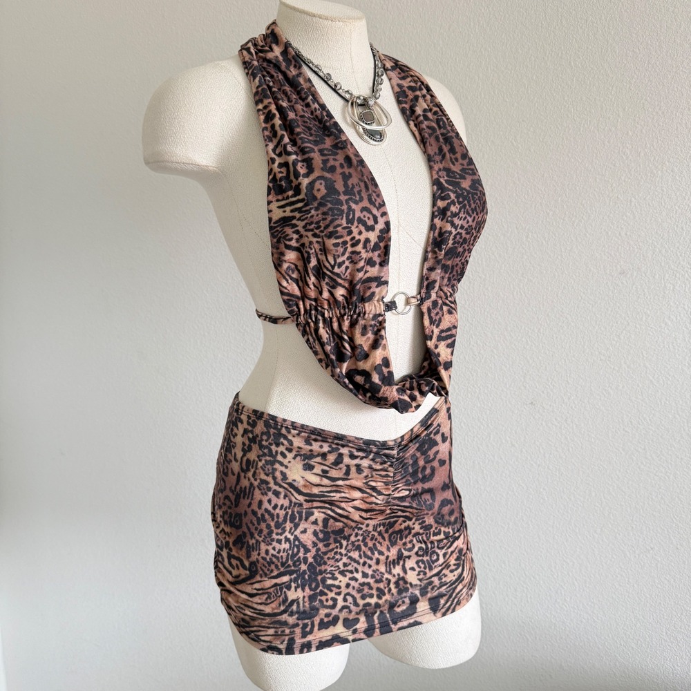 Womens Leopard Print Halter Top and  Mini Skirt Two Piece Set Small Brown Grunge